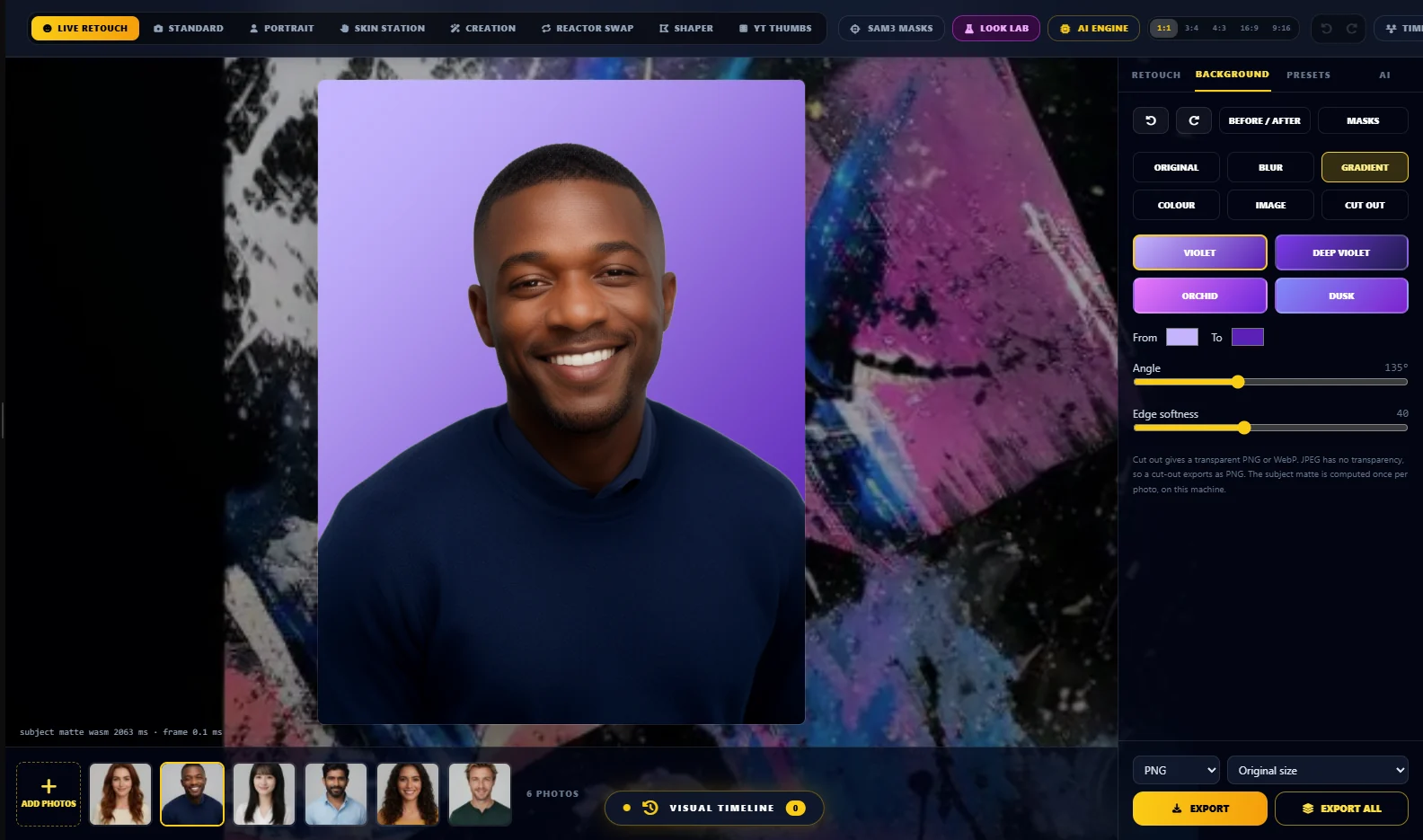 The Background tab open with Original, Blur, Gradient, Colour, Image and Cut out modes, four gradient presets named Violet, Deep violet, Orchid and Dusk, and angle and edge softness sliders, beside a portrait on a violet gradient.